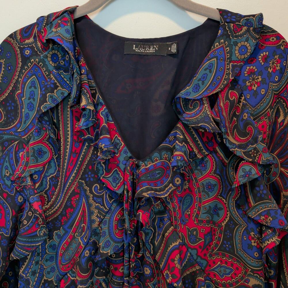 Ralph Lauren Women's Sz 6 Paisley Georgette Long Sleeve Tiered Maxi Dress Ruffle - Picture 2 of 8